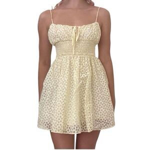 Urban Outfitters RILEY Yellow Semi Sheer Floral Smocked Waist Babydoll Dress NEW